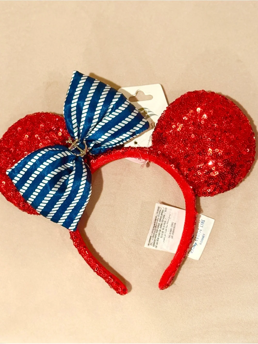 NWT Red Sequin Minnie Ears Headband with Blue Striped Bow and Anchor emelishment